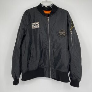 Yoki Men's Black Flight MA-1 Military Patches Full Zip Moto Bomber Jacket Size L
